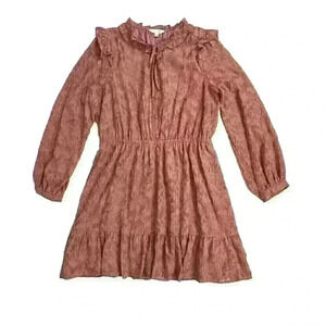 Lauren Conrad Womens LG Pink Dress Lace Lined Ruffled Knee Length Long Sleeve